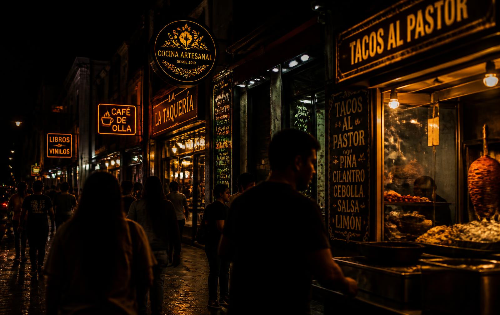 Calle de negocios hispanos iluminada de noche